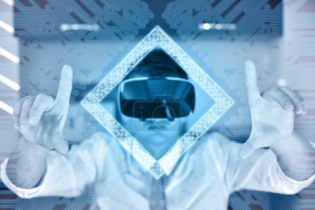 Foto de Businessman with VR glasses using digital interface. Cyber security protection concept. Close up - Imagen libre de derechos