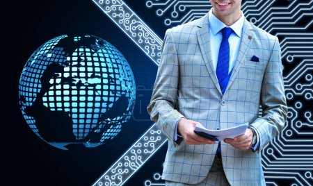 Photo for Businessman holding business report and hologram with digital earth interface and mother board on virtual screen. Virtual reality and global networking concept. - Royalty Free Image