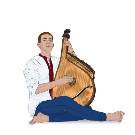 Man with bandura is Ukrainian traditional musical instrument. Plucked string musical instrument. Vector illustration design