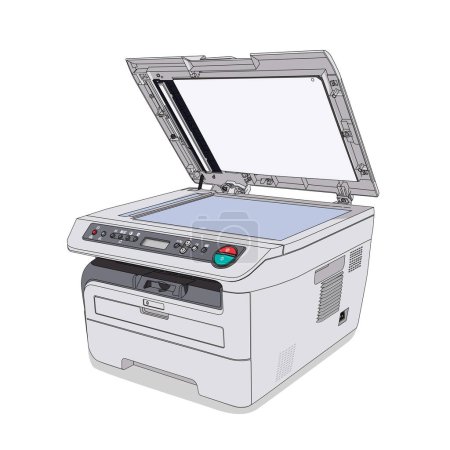 Copiadora blanca realista o máquina de impresión sobre fondo blanco. Diseño de ilustración vectorial