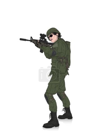 Illustration for Ukraine soldier in ammunition with gun or rifle, helmet and ammo.  Vector illustration design - Royalty Free Image