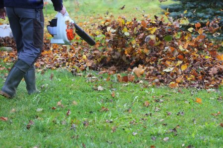 Arbeiter säubern fallendes Laub im Herbstpark. Mann benutzt Laubbläser zum Reinigen von Herbstblättern. Herbstzeit. Parkreinigung.