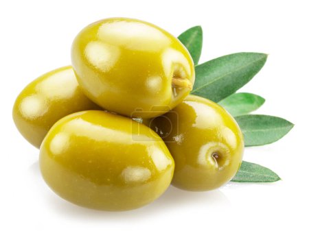 Green olives with olive leaves isolated on white background.