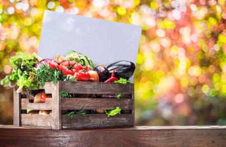Photo for Variety of fresh organic vegetables and herbs in wooden crate. Blurred colorful autumn background. Empty blank for your text, design or logo. - Royalty Free Image