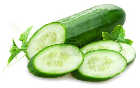 Slicing cucumber with leaves isolated on white background.