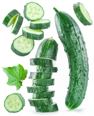 Photo for Slicing cucumber and cucumber slices isolated on white background. - Royalty Free Image