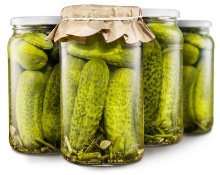 Photo for Glass bottles with pickled cucumbers. File contains clipping path. - Royalty Free Image