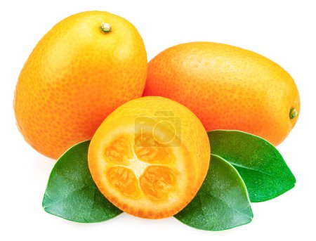 Téléchargez les photos : Kumquat fruits et coupe transversale de kumquat avec des feuilles isolées sur fond blanc. - en image libre de droit