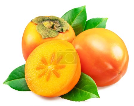 Foto de Frutos de caqui anaranjados maduros o frutos kaki con hojas y corte cruzado de frutas aisladas sobre fondo blanco. - Imagen libre de derechos