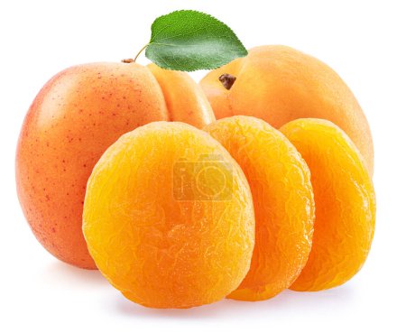 Téléchargez les photos : Délicieux abricots secs et abricots frais isolés sur fond blanc. Macro shot. - en image libre de droit