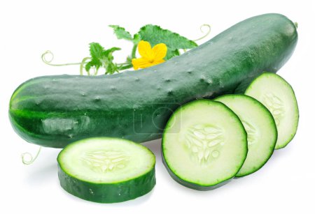 Photo for Slicing cucumber with leaf and flower isolated on white background. - Royalty Free Image
