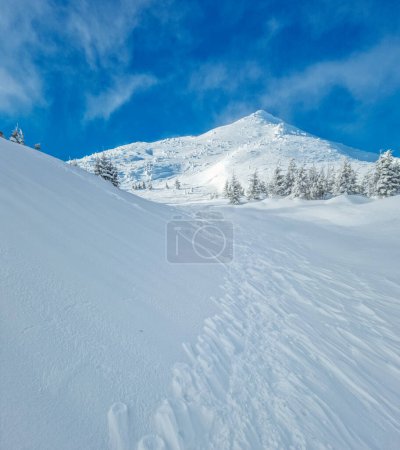 Foto de Beautiful sunny winter landscape in the mountains. Mountain and fir trees covered with snow. - Imagen libre de derechos