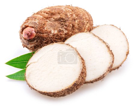 Photo for Eddoe or taro tubers and its slices isolated on white background. - Royalty Free Image