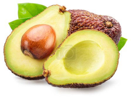 Photo for Two halves of hass avocado fruit with leaves isolated on white background. - Royalty Free Image