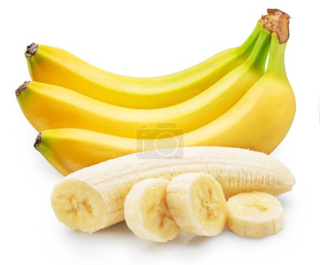 Foto de Ripe yellow bananas and pieces if peeled banana isolated on white background. - Imagen libre de derechos