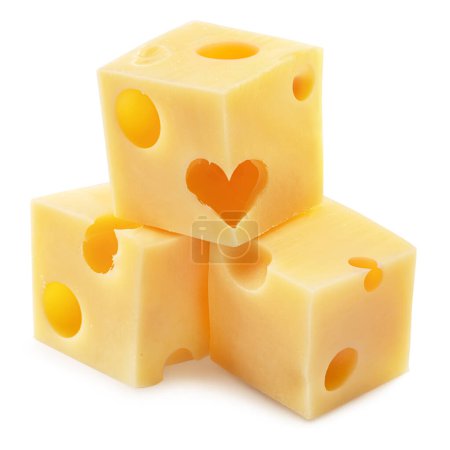 Photo for Pyramid of Emmental cheese cubes with heart isolated on white background. File contains clipping path. - Royalty Free Image