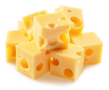 Foto de Pyramid of Emmental cheese cubes isolated on white background. File contains clipping path. - Imagen libre de derechos