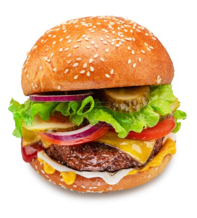 Foto de Hamburguesa con queso o hamburguesa apetecible de cerca sobre fondo blanco. Ruta de recorte. - Imagen libre de derechos