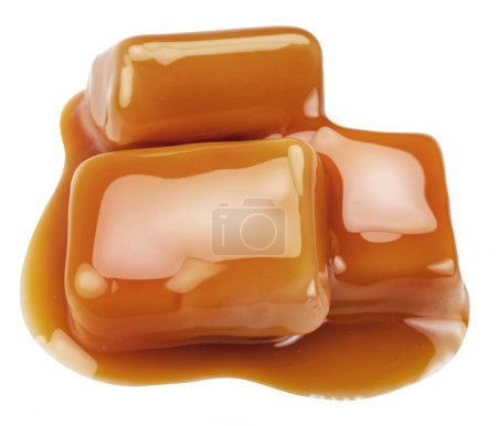 Photo for Caramel candies in milk caramel sauce isolated on white background. - Royalty Free Image