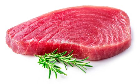Téléchargez les photos : Fresh tuna steak nad rosemary twig isolated on white background. - en image libre de droit
