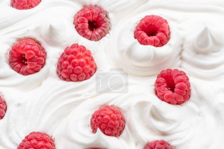 Photo for Fresh raspberries in the yoghurt or cream. Top view. - Royalty Free Image