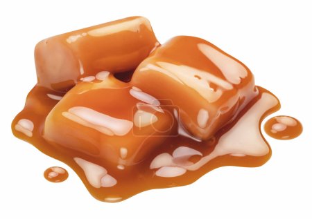 Dulces de caramelo en salsa de caramelo de leche aislados sobre fondo blanco. El archivo contiene ruta de recorte.