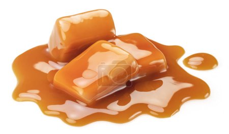 Caramel candies in milk caramel sauce isolated on white background.