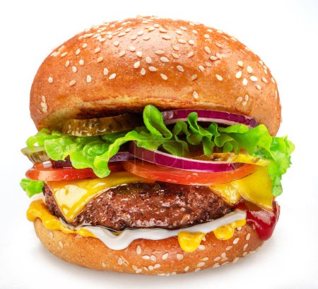 Foto de Hamburguesa con queso o hamburguesa apetecible de cerca sobre fondo blanco. - Imagen libre de derechos