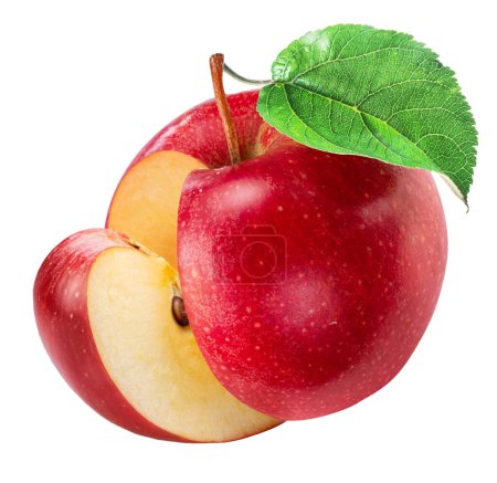 Red apple with apple slice and green leaf isolated on white background. Clipping path.