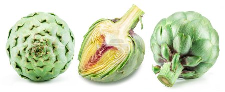 Photo for Set of green artichokes and artichoke slice isolated on white background. - Royalty Free Image