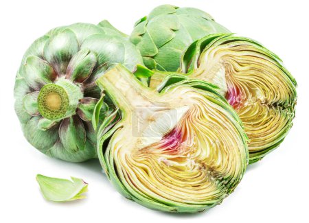 Photo for Green artichokes and artichoke hearts isolated on white background. - Royalty Free Image