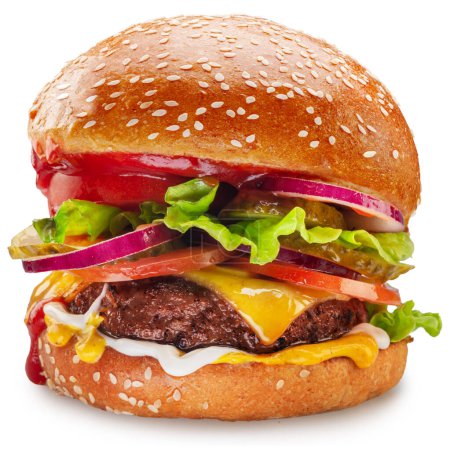 Foto de Hamburguesa con queso o hamburguesa apetecible de cerca sobre fondo blanco. Ruta de recorte. - Imagen libre de derechos