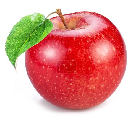 Photo for Ripe perfect red apple with green leaf on white background. - Royalty Free Image