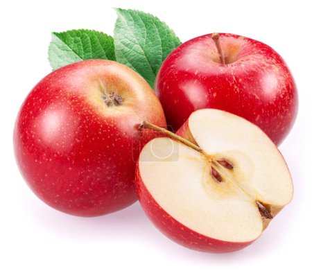 Reife rote Äpfel und Apfelscheibe isoliert auf weißem Hintergrund.