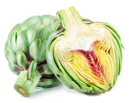 Photo for Green artichoke and artichoke heart isolated on white background. - Royalty Free Image