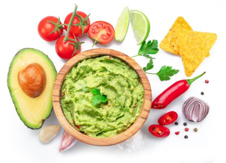 Photo for Guacamole and guacamole sauce ingredients isolated on white background. Top view. - Royalty Free Image