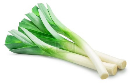 Photo for Fresh green leek stems isolated on white background. File contains clipping path. - Royalty Free Image