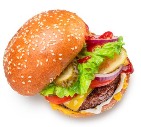 Photo for Appetizing cheeseburger or hamburger close up on white background.  Clipping path. - Royalty Free Image