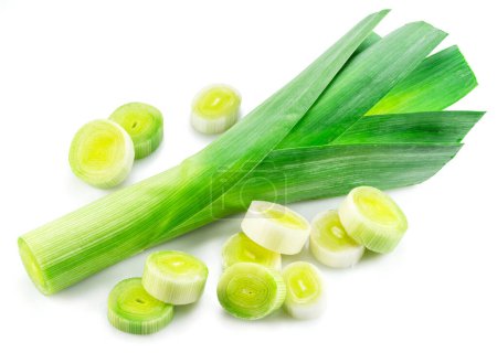 Photo for Fresh green leek stems and leek slices isolated on white background. - Royalty Free Image