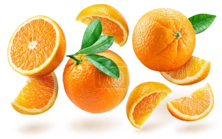 Téléchargez les photos : Fruits orange et tranches d'orange lévitant dans l'air sur fond blanc. - en image libre de droit