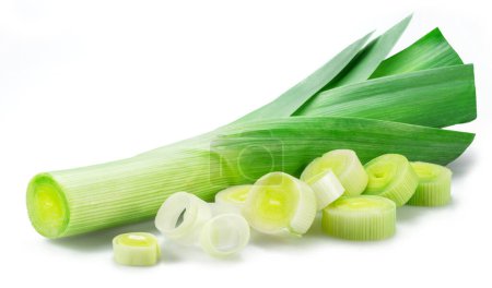 Fresh green leek stem and leek slices isolated on white background.