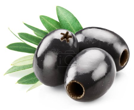 Photo for Three pitted black olives with olive leaves isolated on white background. - Royalty Free Image