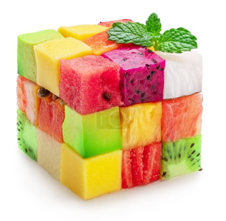 Photo for Fruit puzzle cube arranged from different fruit cubes. Dietary concept. File contains clipping path. - Royalty Free Image