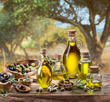 Photo for Bottle of craft farm olive oil stands on a wooden table, behind is an olive garden in a slightly bokeh, sunny day. - Royalty Free Image