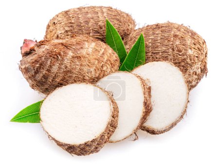 Photo for Eddoe or taro tubers and its slices isolated on white background. - Royalty Free Image