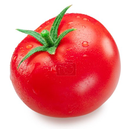 Foto de Tomate rojo recién lavado cubierto con gotas de agua sobre fondo blanco. El archivo contiene ruta de recorte. - Imagen libre de derechos
