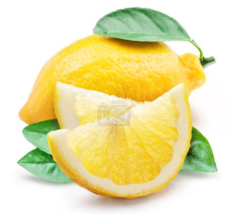 Foto de Frutas maduras de limón y rodajas de limón aisladas sobre fondo blanco. - Imagen libre de derechos