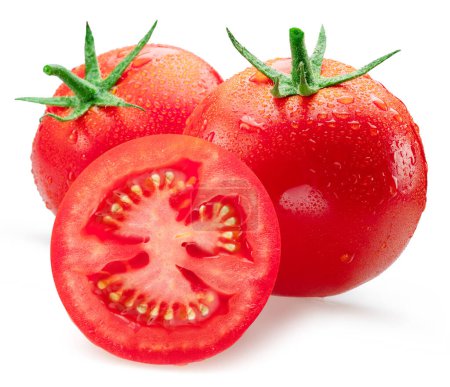 Foto de Tomates rojos recién lavados cubiertos con gotas de agua sobre fondo blanco. - Imagen libre de derechos