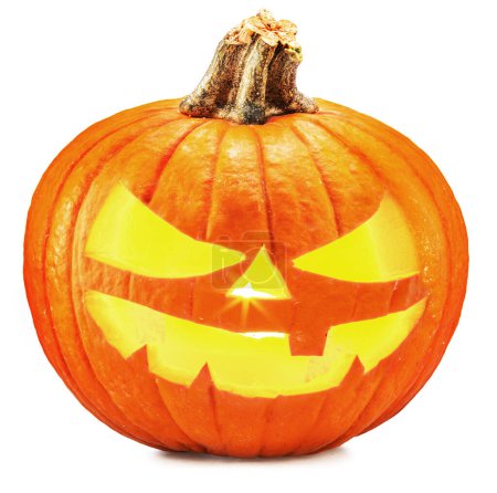 Photo for Carved pumpkin for Halloween jack-o'-lanterns with scary smiles and burning candle inside isolated on white background. - Royalty Free Image