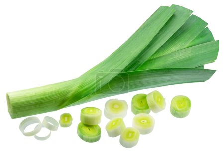 Photo for Fresh green leek stem and leek slices isolated on white background. File contains clipping path. - Royalty Free Image